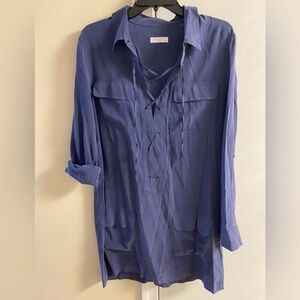 Equipment Blue Lace-Up Blouse long line silk Medium